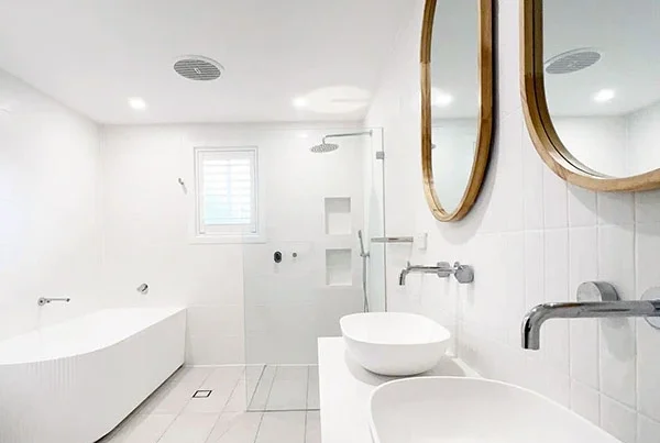 image of shower, bathtub with double bathroom vanity completed on curl curl bathroom renovations