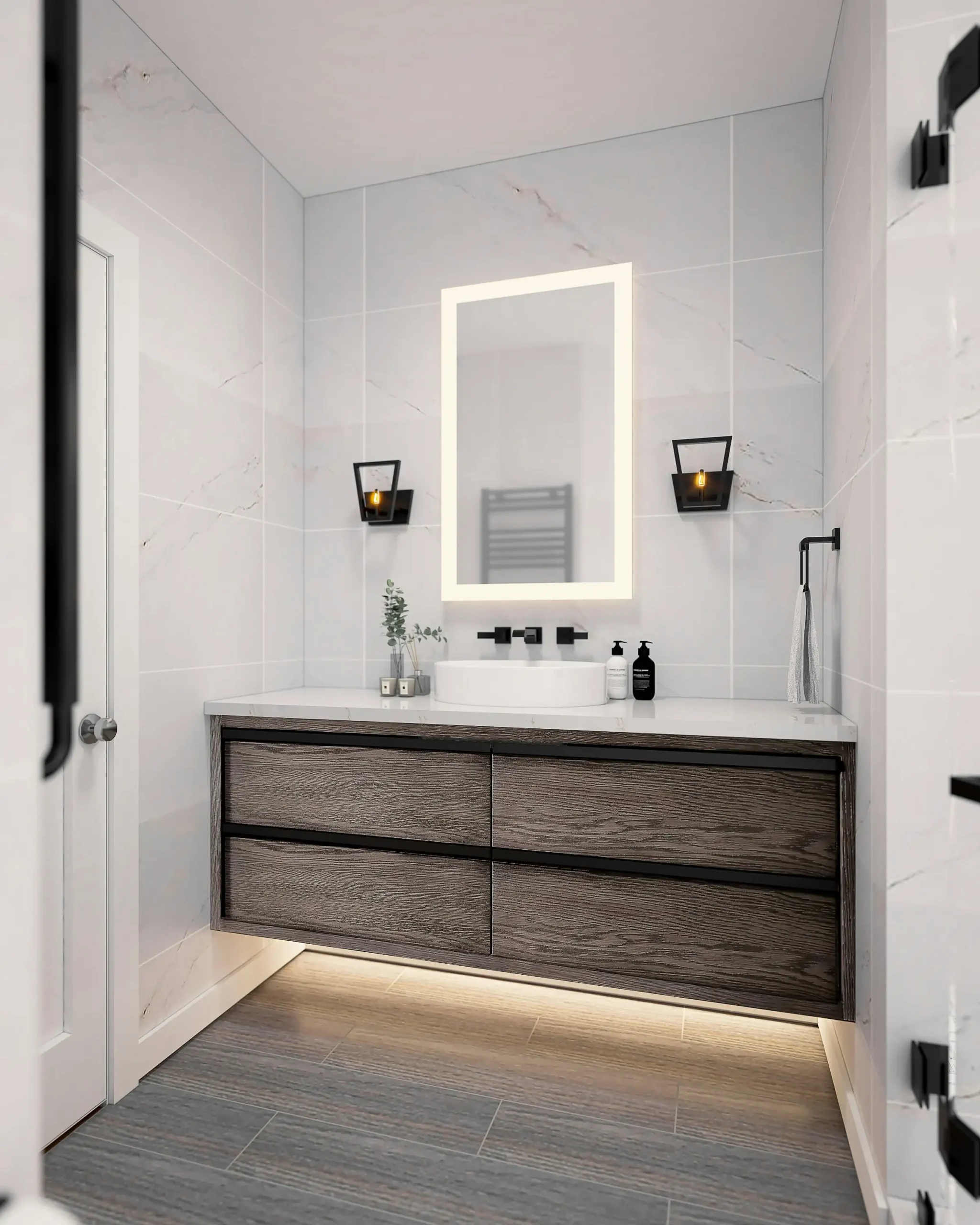 Modern bathroom with walk-in shower and freestanding tub