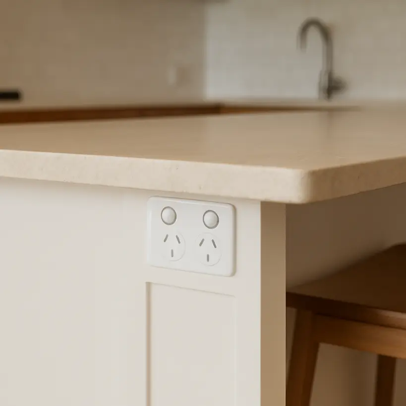 closeup image of a kitchen island that has electricity outlet