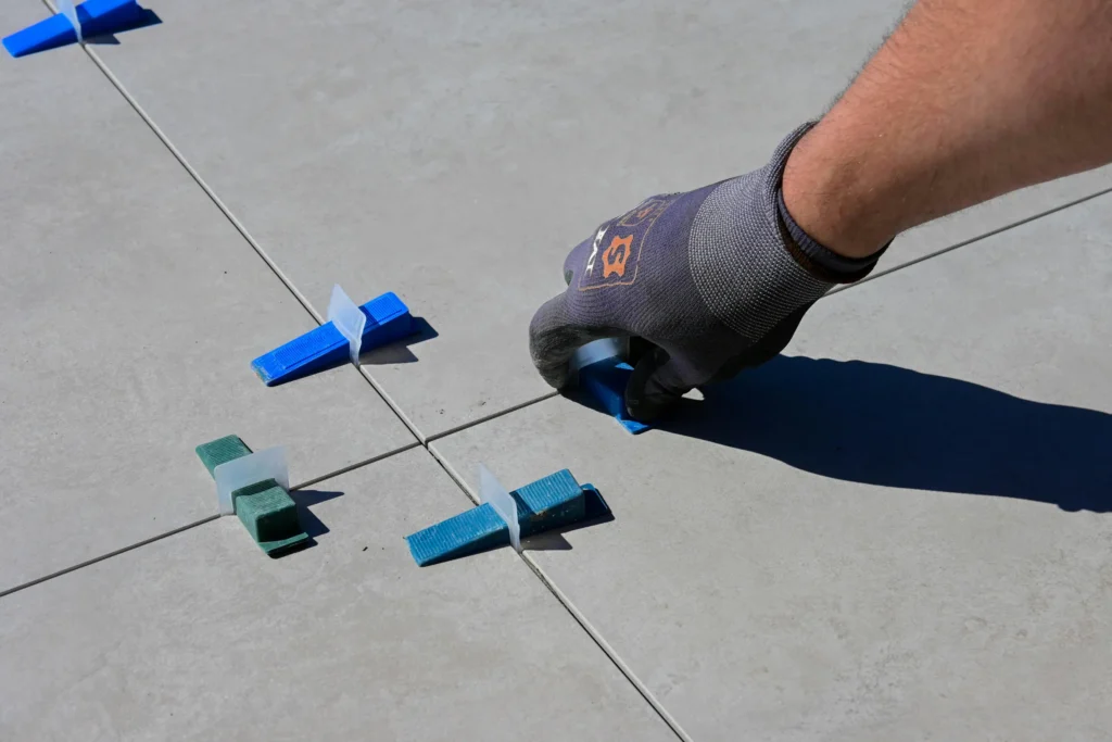photo of applying tile leveler for topic on how to repair a bathroom floor